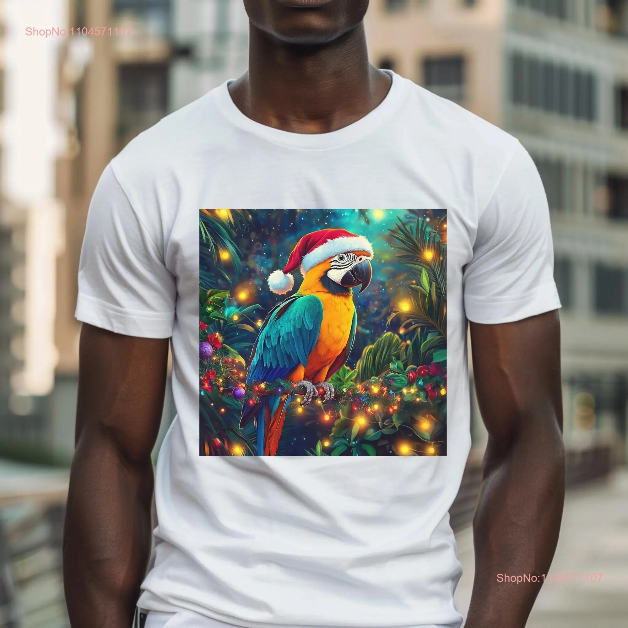 الببغاء في جنة عيد الميلاد تي شيرت موضوع الحيوان الفن الطيور فكرة طويلة أو قصيرة الأكمام