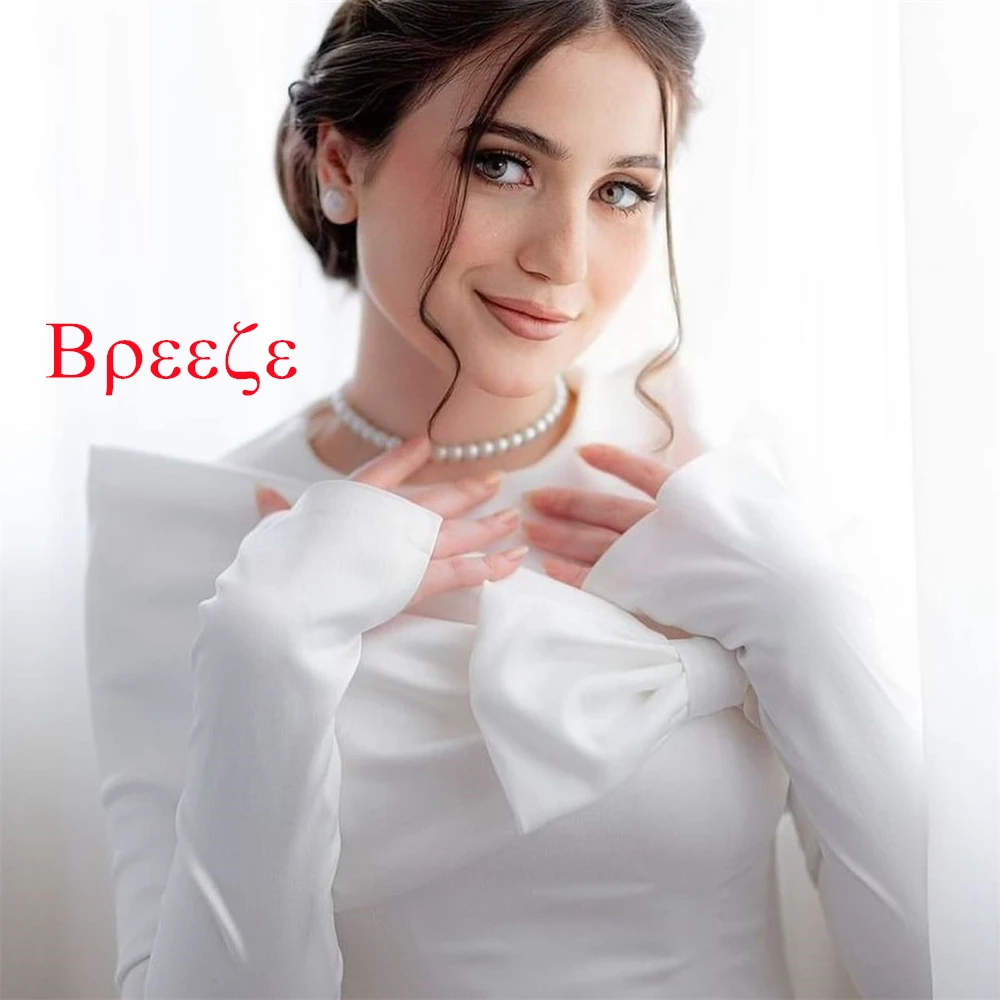 ที่กําหนดเองโรแมนติกสีขาวซาตินชุดแต่งงานประณีตลูกเรือคอผ้าคลุมไหล่แขนยาว Chapel Train Mermaid ชุดเจ้าสาว