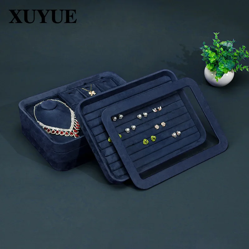 Jewelry Display Tray with Lid for Market Stalls, Necklace Ring Earring Display Case, Velvety Suede Storage Tray