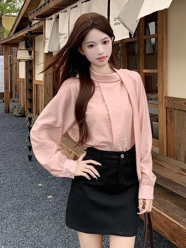 

Элегантная женская блузка с длинным рукавом и поясом, осенняя модная модель, стройнящий стильный топ, нежный стиль, свободный крой, полиэстер