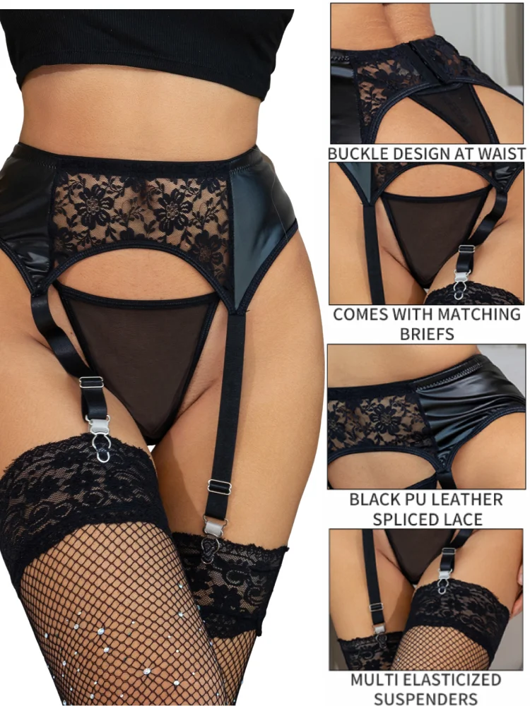 Comeondear Women Garter Belt Set Sexy Floral Lace Black Leather Suspenders With 4 Elastic Strap Plus Size Lingerie For Stockings