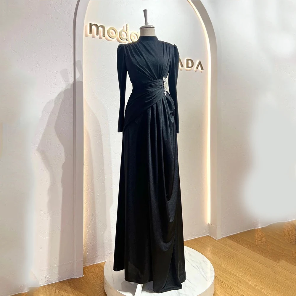 Formal Black Evening Dresses 2023 Muslim High Neck Full Sleeves Prom Gowns Empire Satin Straight Floor Length Robe De Soirée