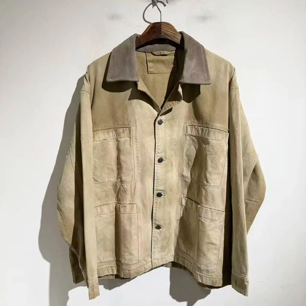 New Style Vintage Washed Hunting Jacket Contrast Collar Multi Pocket Oversized Distressed Workwear Chore Coat