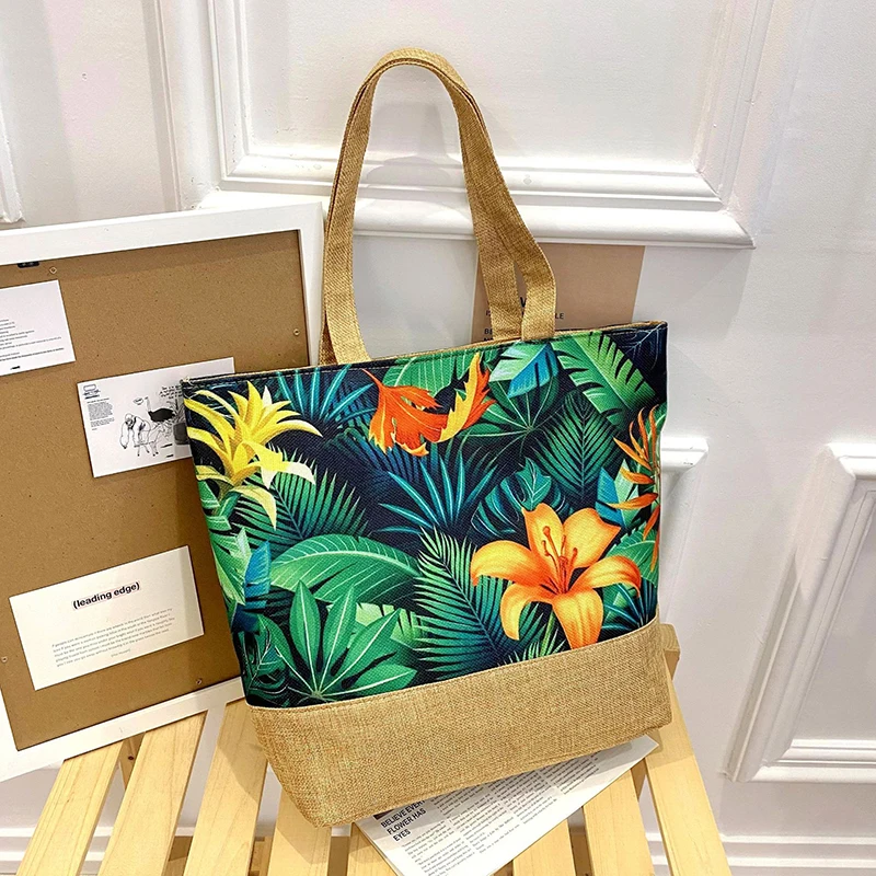 1PCS Fashion Canvas Bag Summer Beach Ladies Floral Printed Shoulder Bag Simple Large Capacity Women Tote Shopping Bag