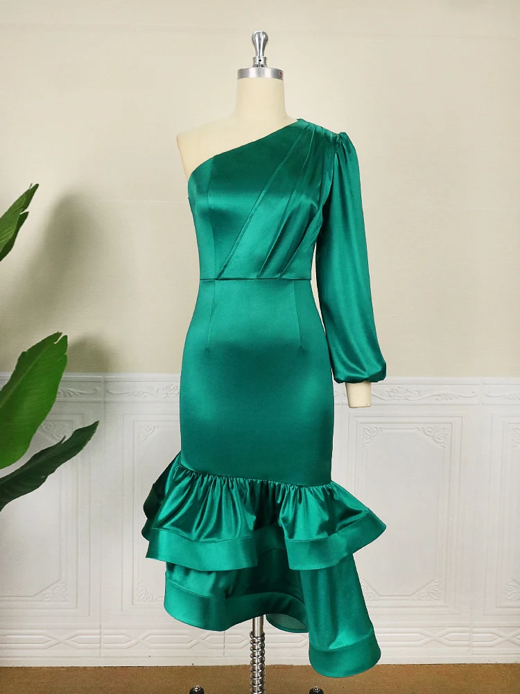 Green Satin Dresses Plus Size 4XL One Shoulder Irregular Ruffles Midi Gowns Women Clothing for Ladies Eveing Party Event Outfits