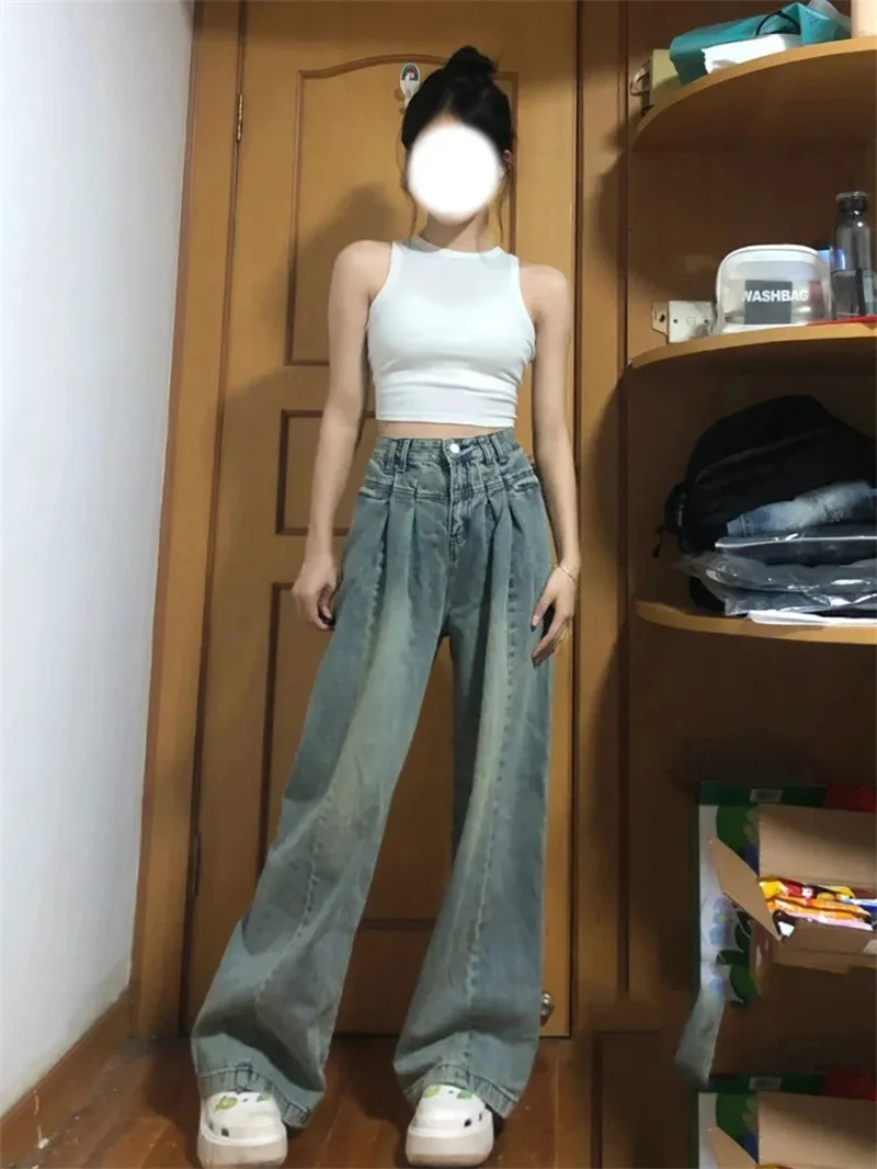 Pleated Crotch Covering Commuter Jeans for Women's Spring/Summer New Korean Versatile Design High Waist Slim Wide Leg Pants