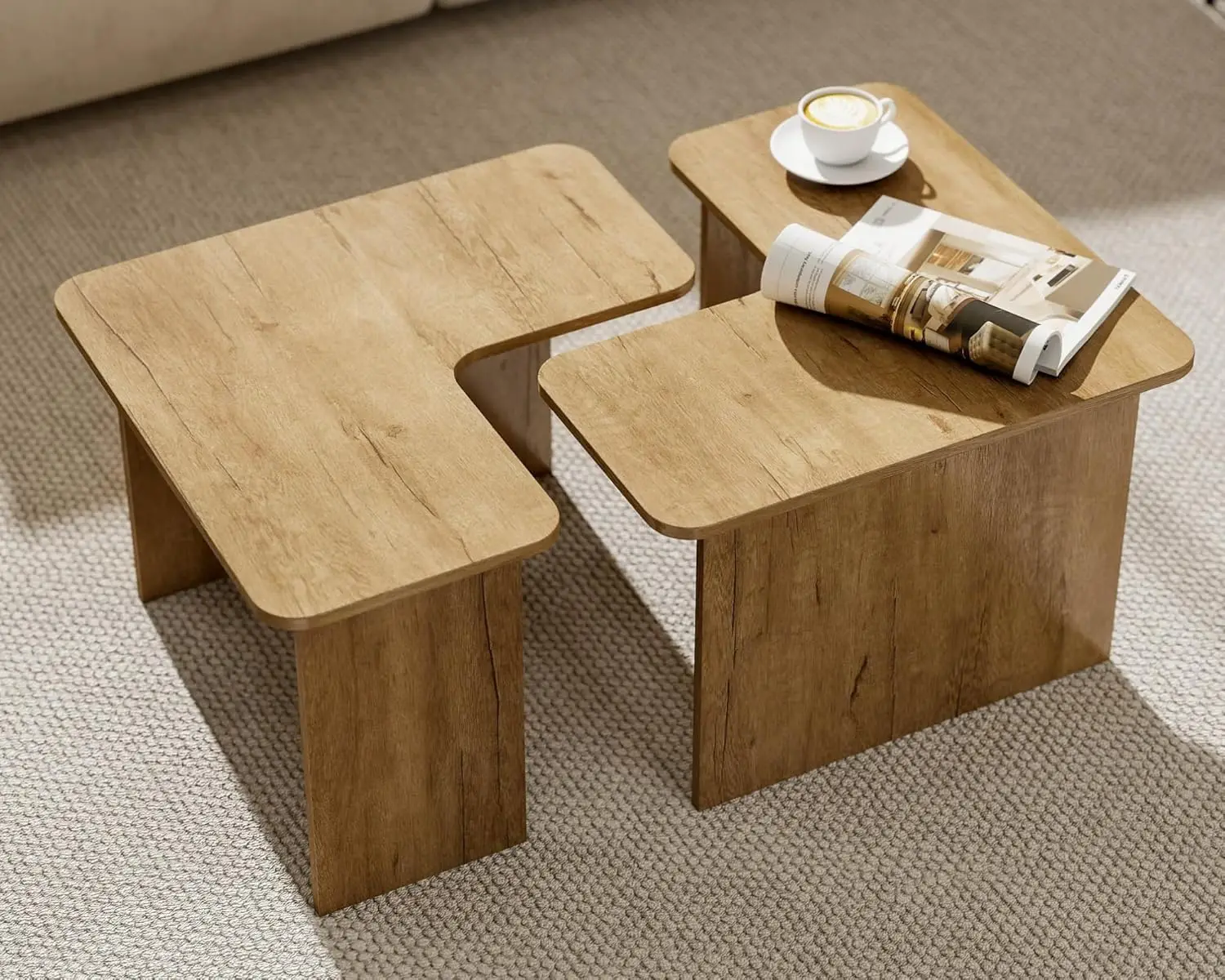 

Modern L Shaped Nesting Coffee Table Set of 2 Modular Rectangle Walnut Wood Table for Living Room