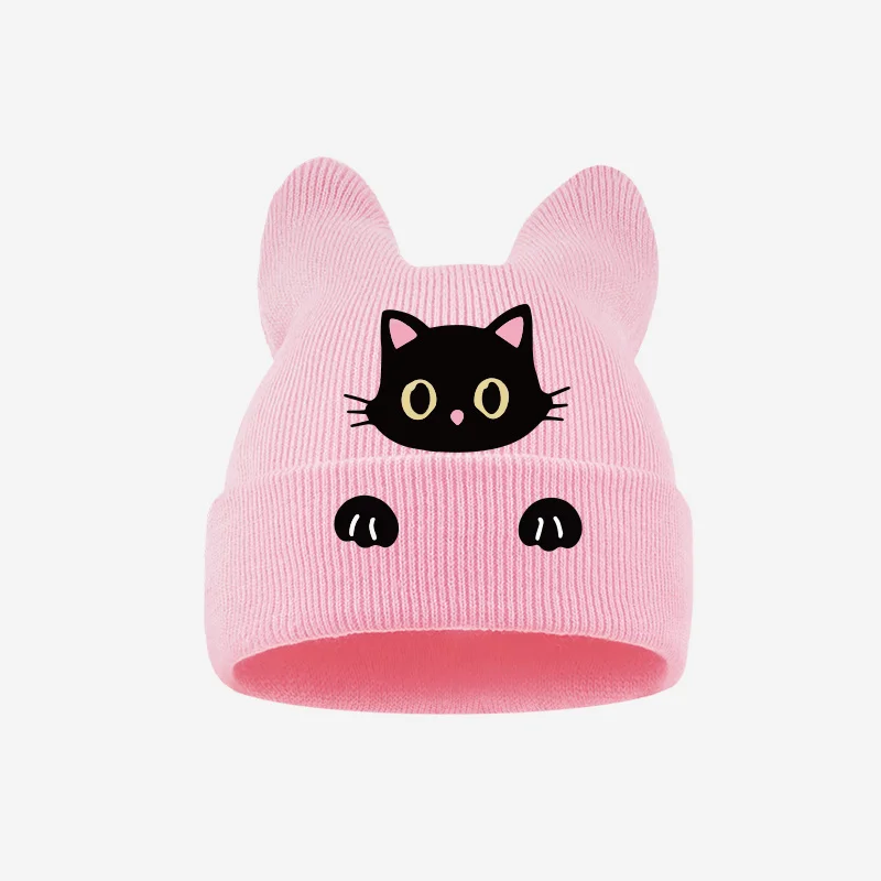 1‑3 Years Toddler Cat Ear Knit Cold Hat Cute Black Cat Cartoon Print Kids Soft Knitted Beanie Party Daily Accessory view 5