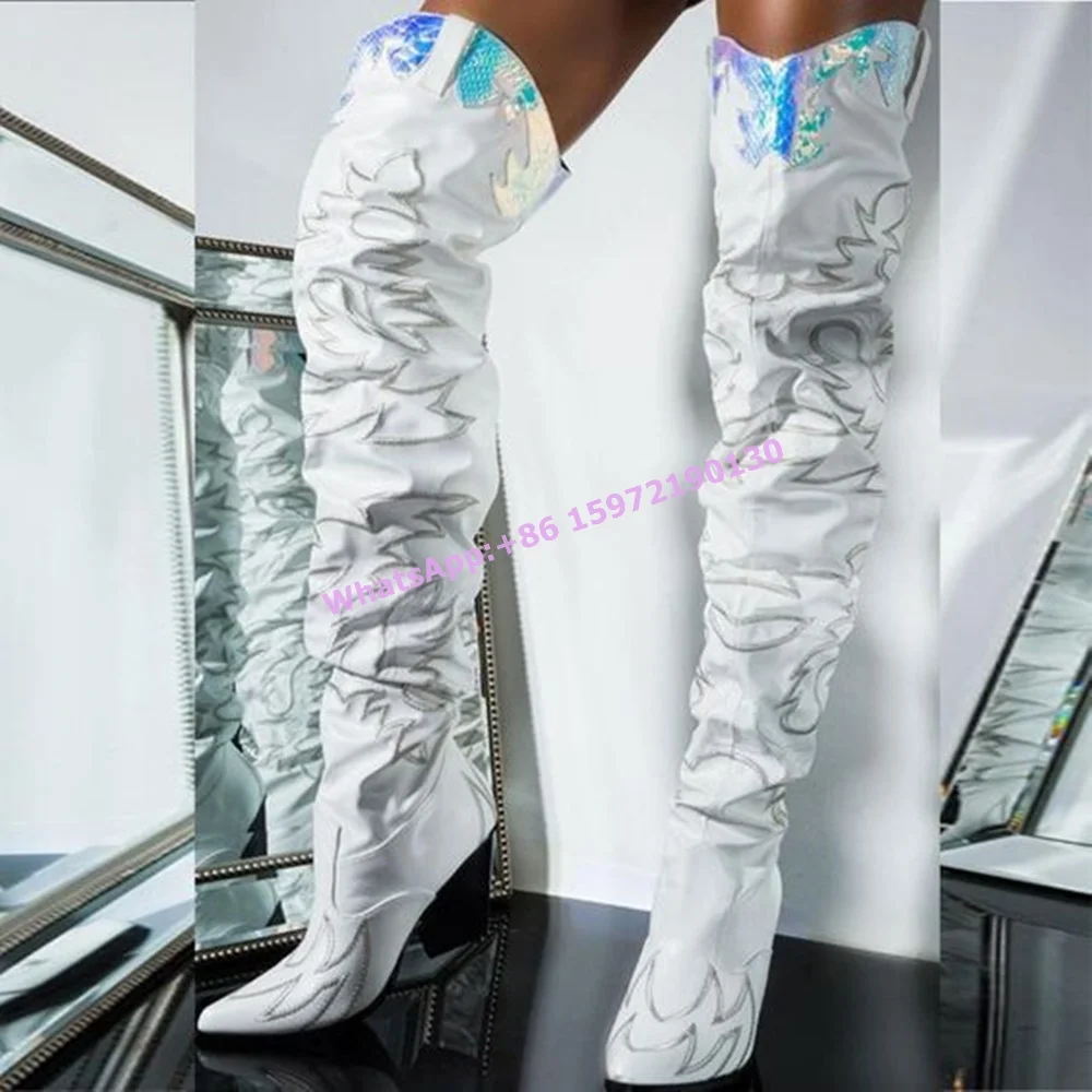 Embroidery Thigh High Boots Retro Cowgirl Mixed Color Pointy Toe Square Heels Slip On Sexy Shoes Winter Fashion Warm Long Boots