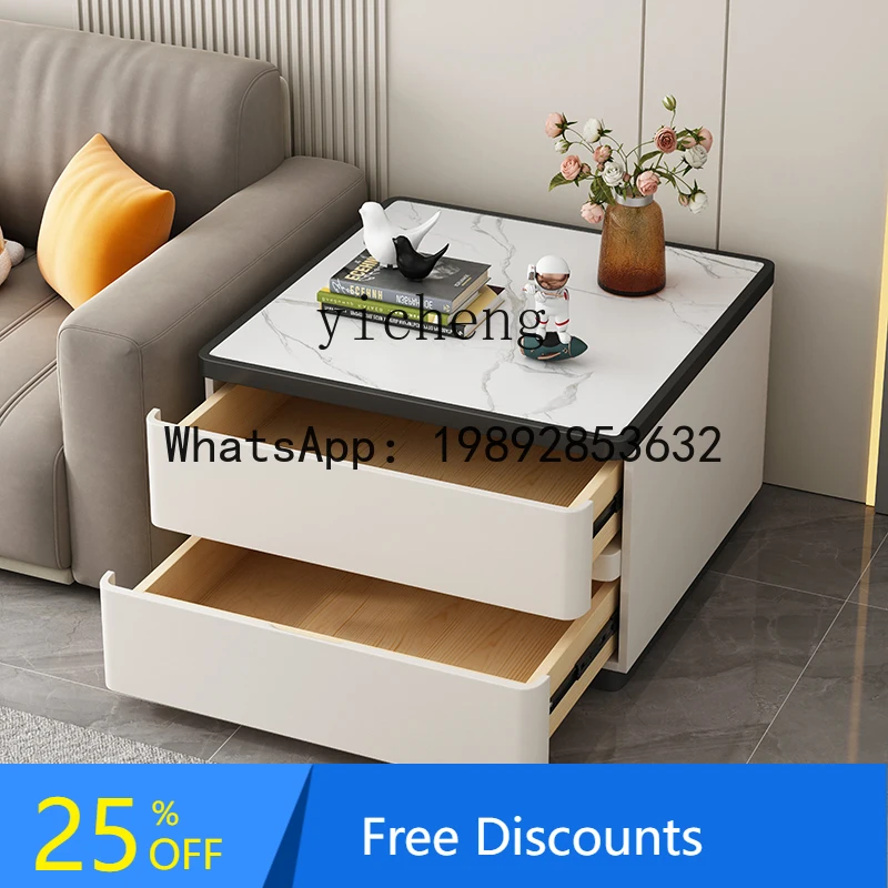 Square Sofa Side Table Light Luxury High-End Feel Rock Slab Solid Wood Side Cabinet Living Room Square Table Storage Cabinet
