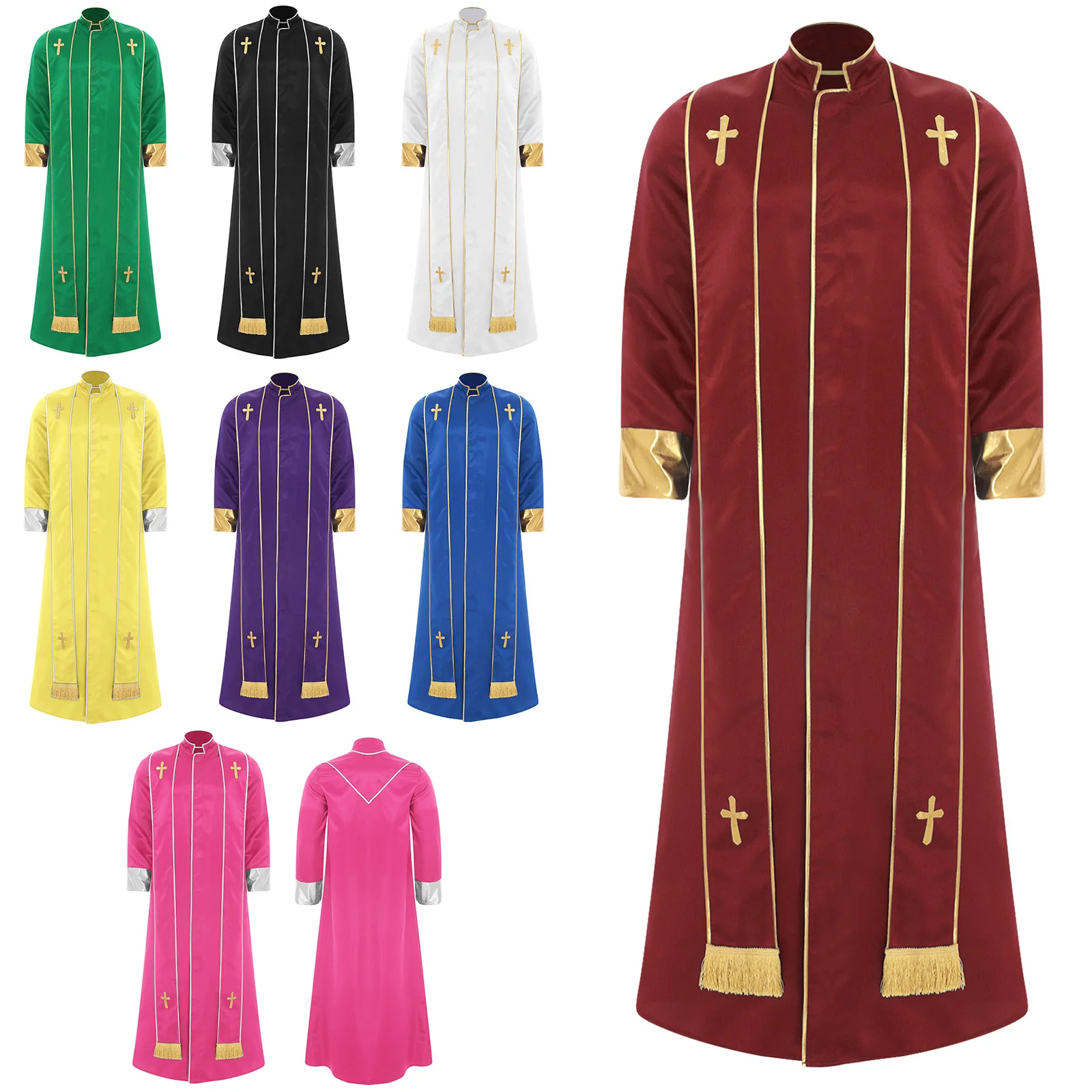 Mens Priest Robe with Stole Stand Collar Long Sleeve Front Zip Gold Cross Cassock Vestments for Catholic Priest Halloween