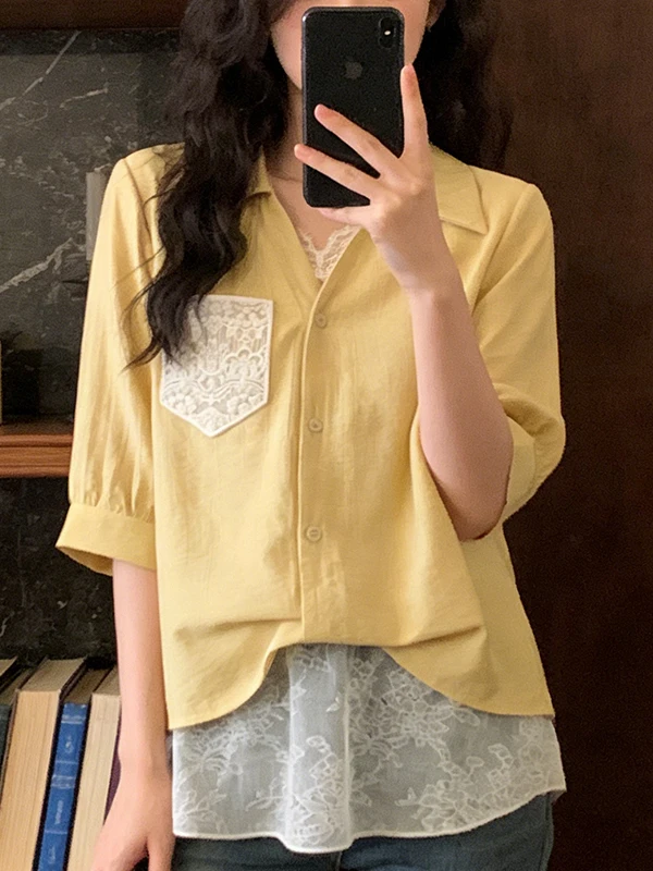 

Женская кружевная блузка больших размеров с коротким рукавом, свободного кроя, стройнящая, летняя, новинка 2026 года, с эффектом двухслойности, в деловом стиле