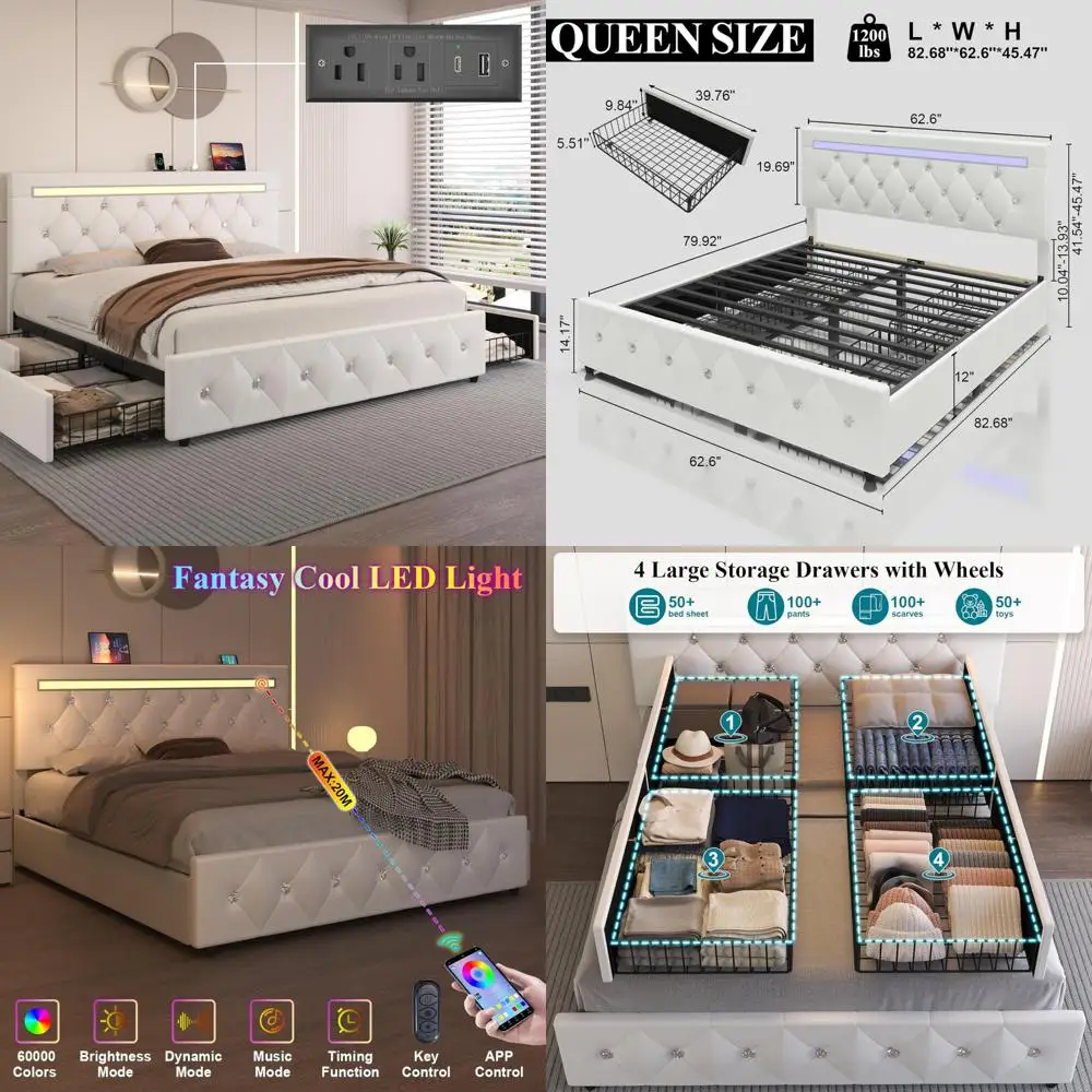 

Upholstered Queen Bed Frame with 4 Storage Drawers, LED Lighting, and Adjustable Headboard with Charging Features