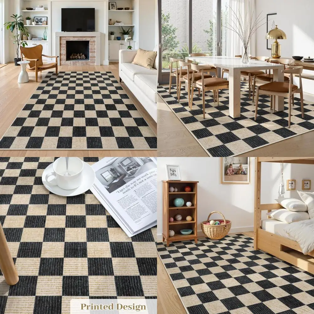 

Washable Checkered Area Rug 6x9, Non-Slip Soft Rug for Bedroom and Living Room, Neutral Farmhouse Style Geometric Design