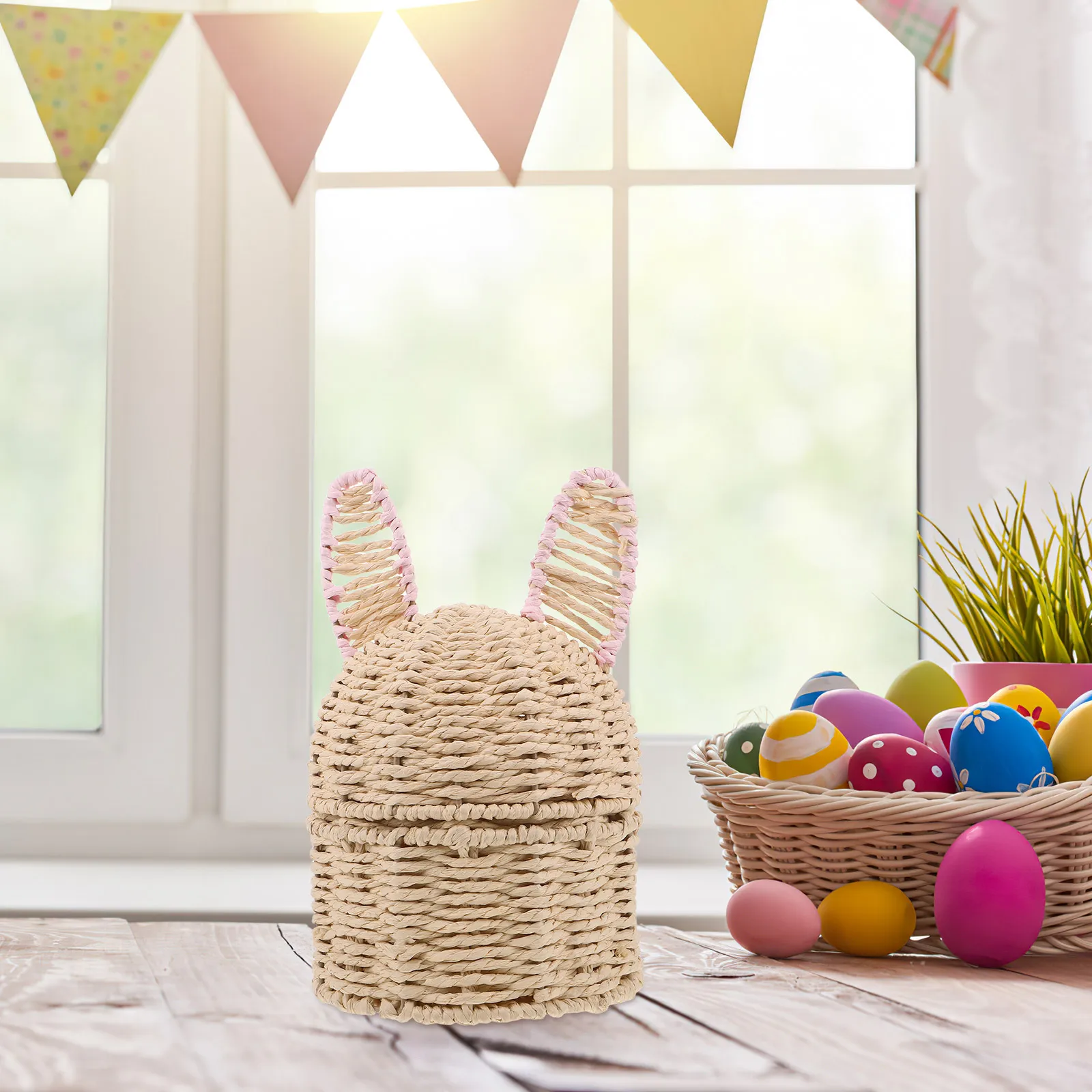

Handwoven Bunny Ear Easter Basket Rattan Storage Bin Rustic Wicker Organizer Nursery Picnic Decorative Candy Egg Hunting Basket