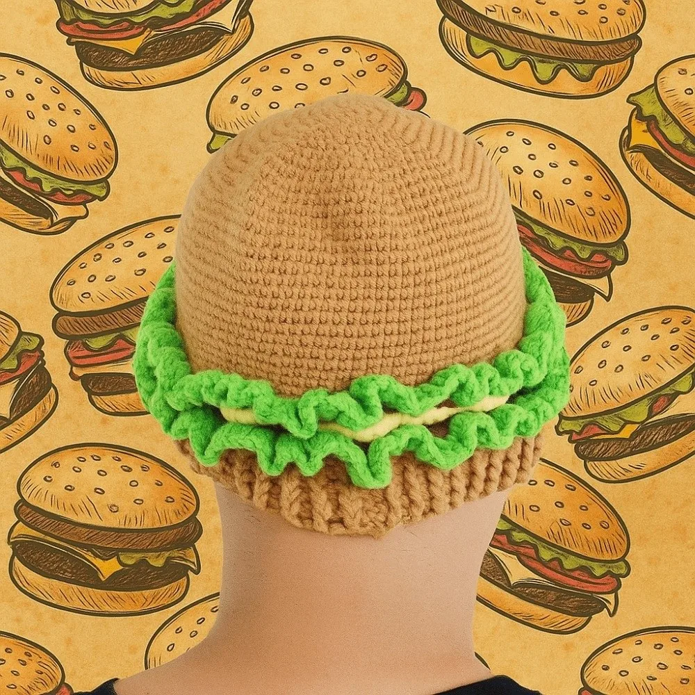 

Stretchy Creative Knitted Hamburger Hat Warm Playful Hamburger Pullover Cap Thick Handmade Funny Hamburger Beanie Cycling