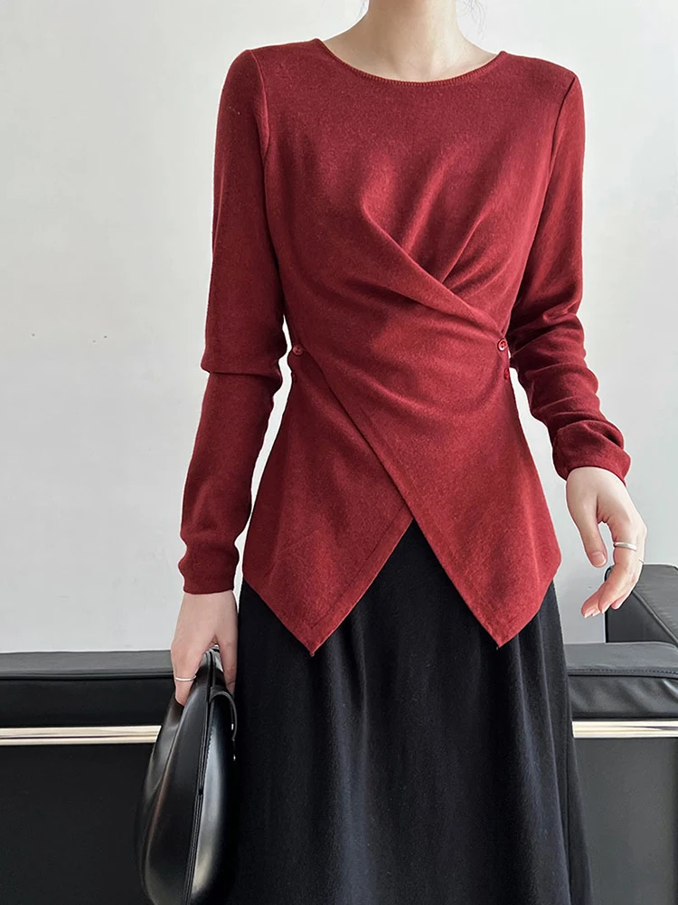 [EAM] Red Irregular Cross Knitting Sweater Round Neck Long Sleeve Women Pullovers New Fashion Tide Spring Autumn 2024  1DH7614