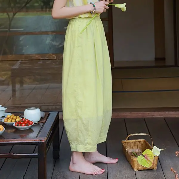 

Women Cotton and Linen Loose Casual Elastic Waist Solid Color Versatile Harem Bloomer Pants