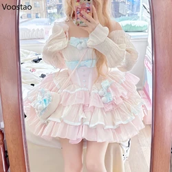 Sweet Lolita OP Dress Japanese Women Harajuku Kawaii Lace Bow Ruffles Evening Party Dresses Female Off Shoulder Princess Dress