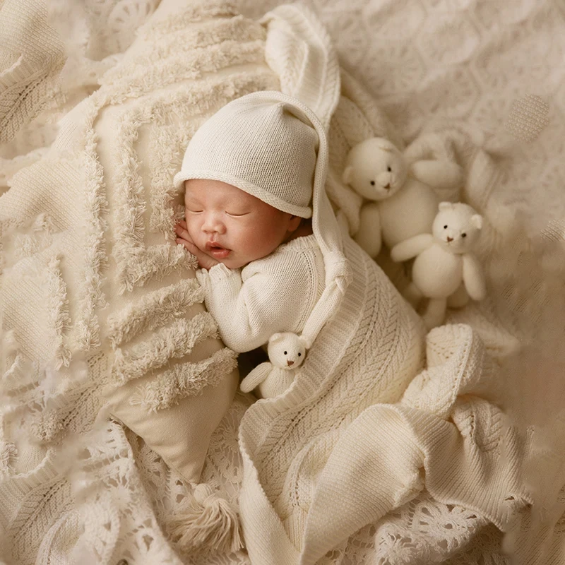 Pakaian fotografi bayi, Jumpsuit + topi gaya sederhana 2 buah/set boneka beruang rajut aksesoris foto baru lahir