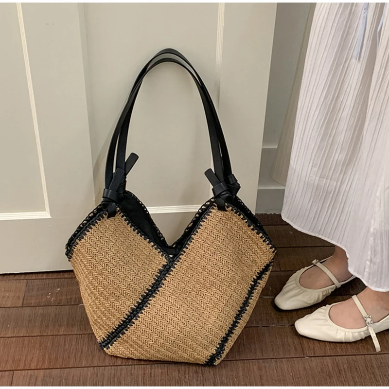 

Striped Woven Large Capacity Shoulder Tote, New Fashion Versatile Handbag For Women, Commuting Beach Vacation Beach Bag