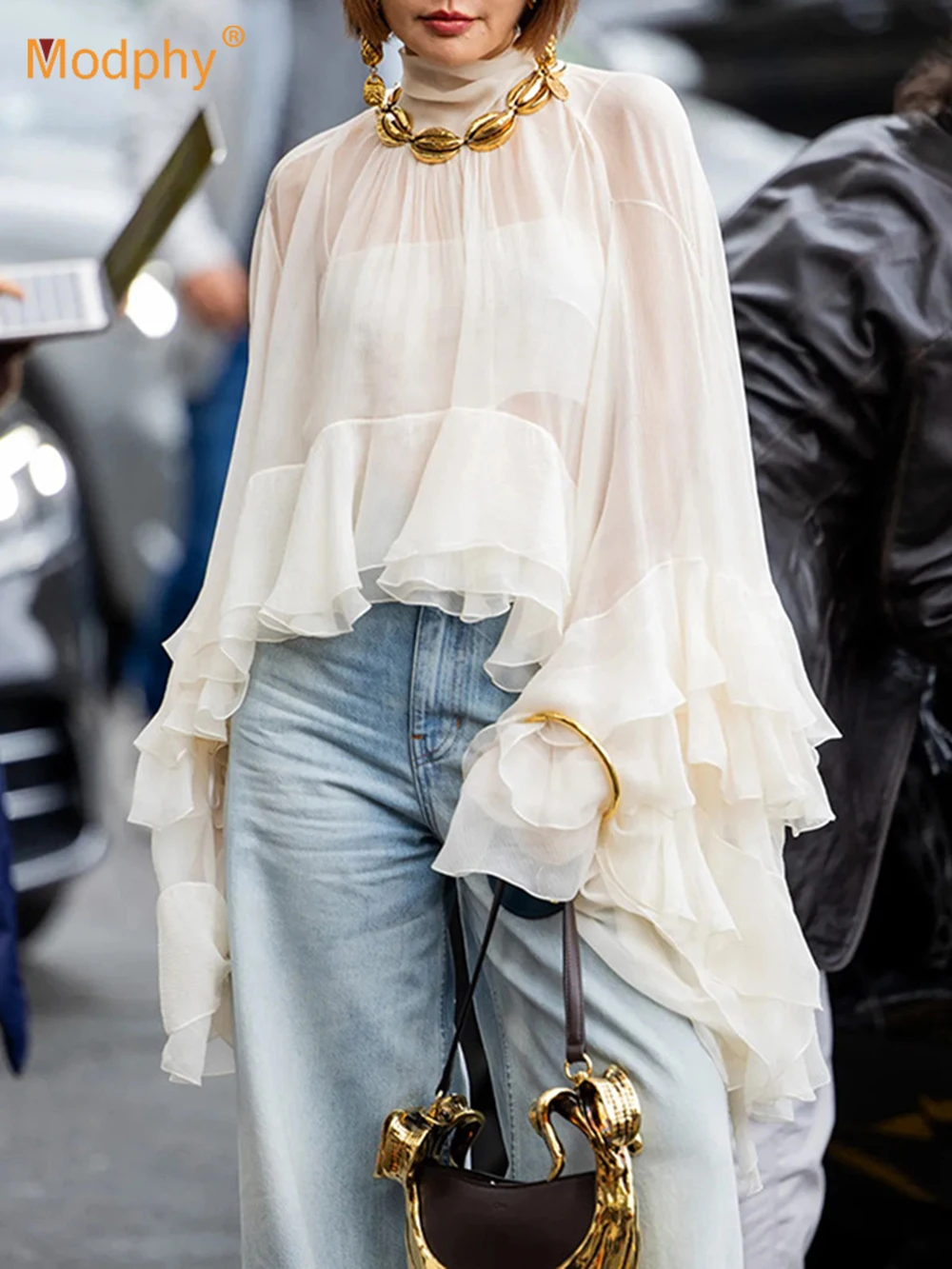 

Modphy Women Solid Chiffon Ruffle Blouse Sheer Lace Up Full Flared Sleeve Irregular Shirt 2025 Summer Lady Fashion Loose Top New