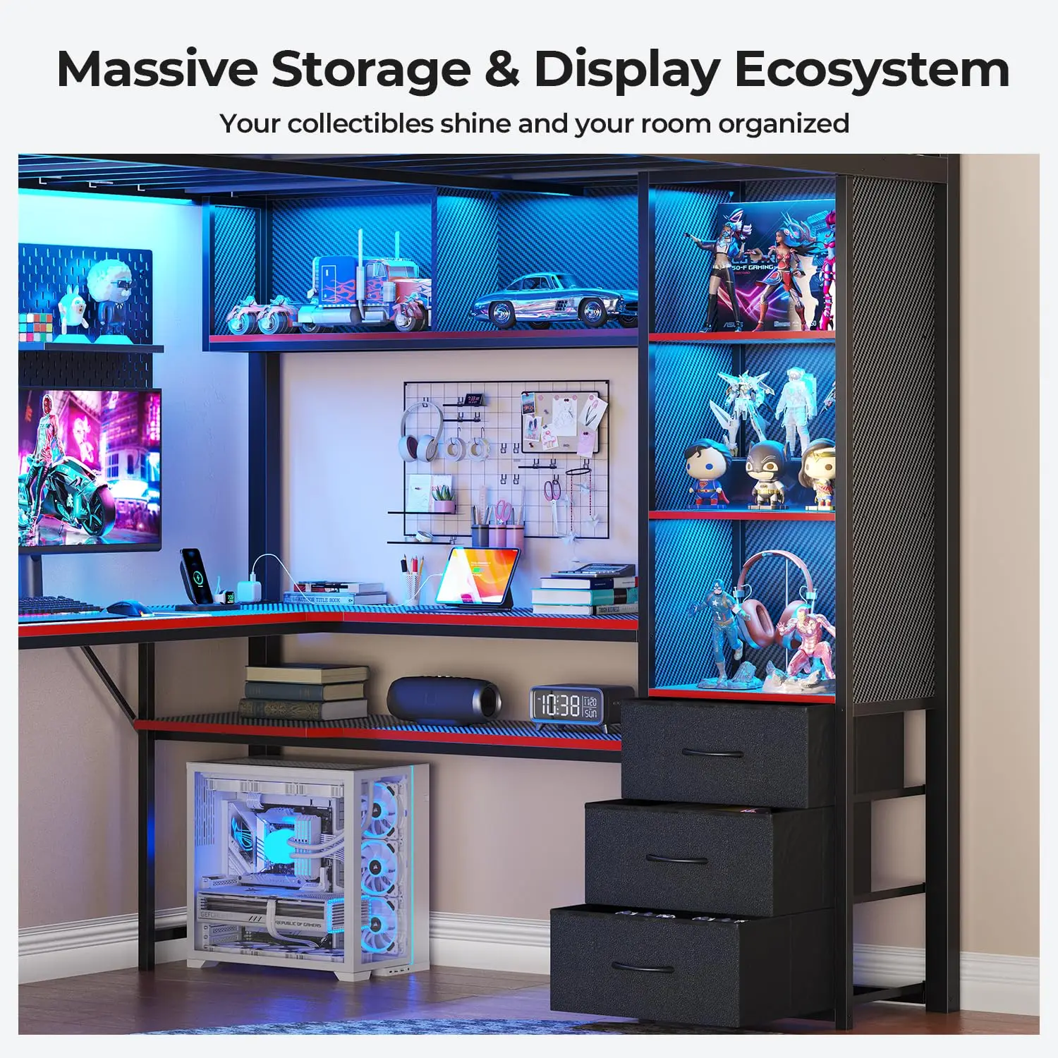 Full Size Gaming Loft Bed with Desk, Storage Stairs, Carbon Fiber Black, Customized