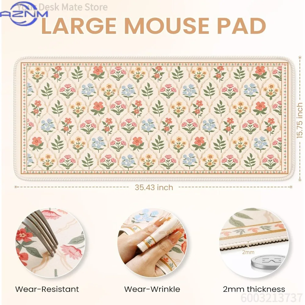 Vintage Floral Large Desk Mat, Boho Wildflower Pattern XXL Mouse Pad, Non-Slip Rubber Lock Edge Keyboard Mat for Office Home Dec