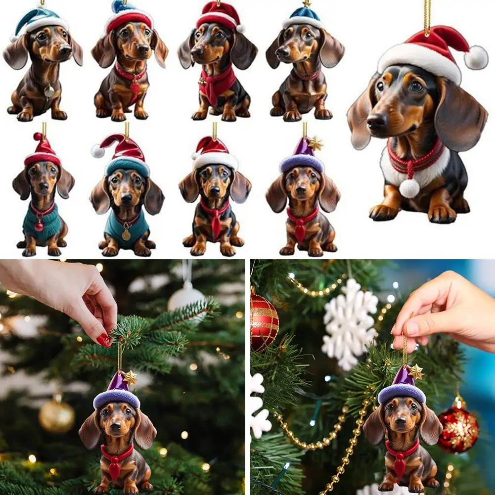 Cartoon Cute Dog Christmas Ornaments Fun Dachshund Xmas Graphic Pendant Dog Home Design Decor Car Hanging Tree Decoration S6X6