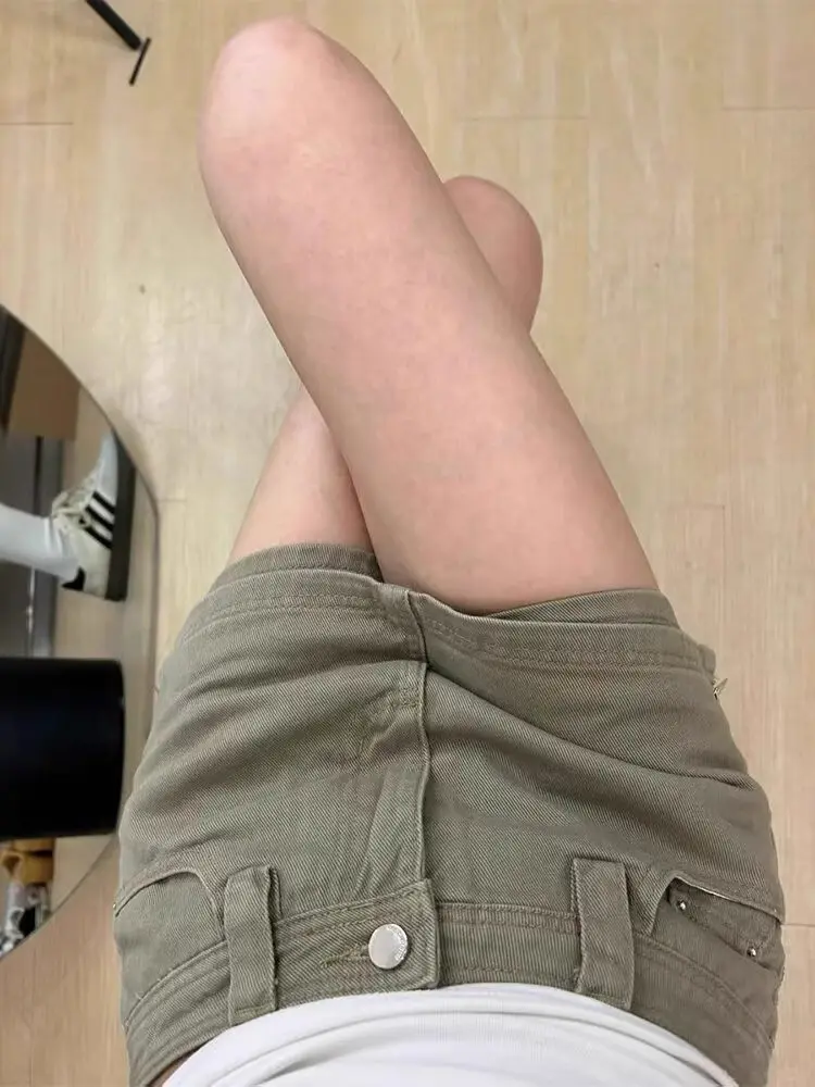American Retro Khaki Denim  Skirt Women Summer Low Waist A-Line Bodycon Workwear Skirt Pants Small Size Semi-skirt