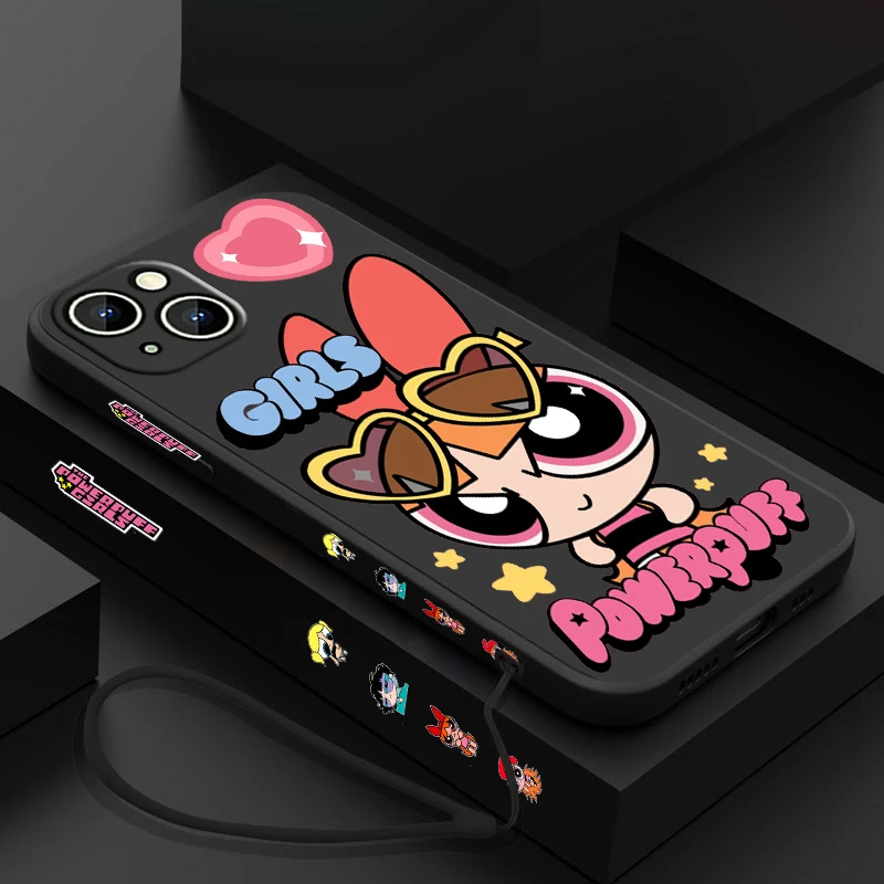 Cute Funny P-Powerpuff Girls Phone Case For Apple iPhone 15 14 13 12 11 Pro Max Plus 8 7 SE Liquid Left Rope Capa Cover