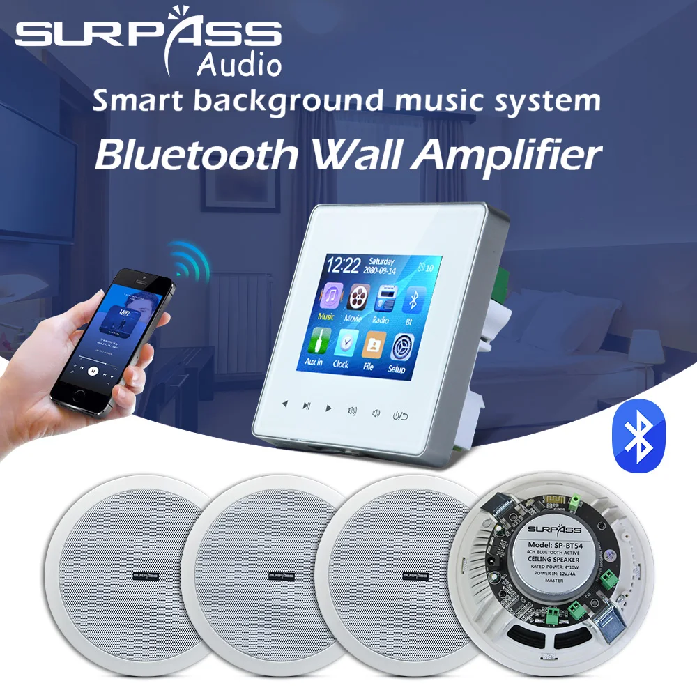 2.8Inch Bluetooth-compatible Fm Radio USB Wall Amplifier Home Theater Stereo Sound Audio with Ceiling Speaker PA System Bathroom