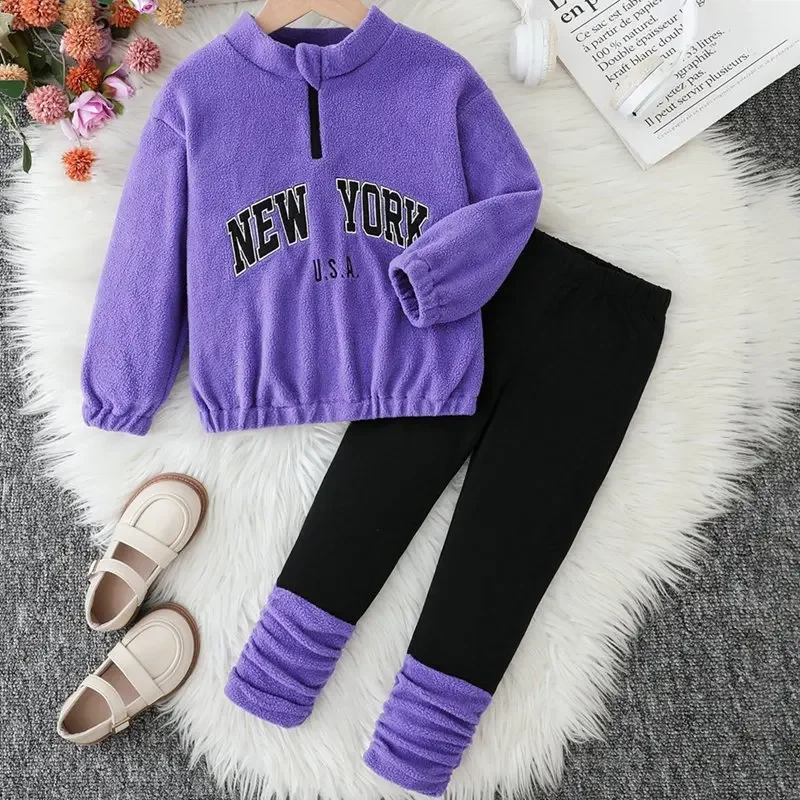 

Child Girls 2Pcs Sets Warm Autumn Winter Girls Sport Suit Zipper Letter Polar Fleece Leggings Purple Casual Sporty Set