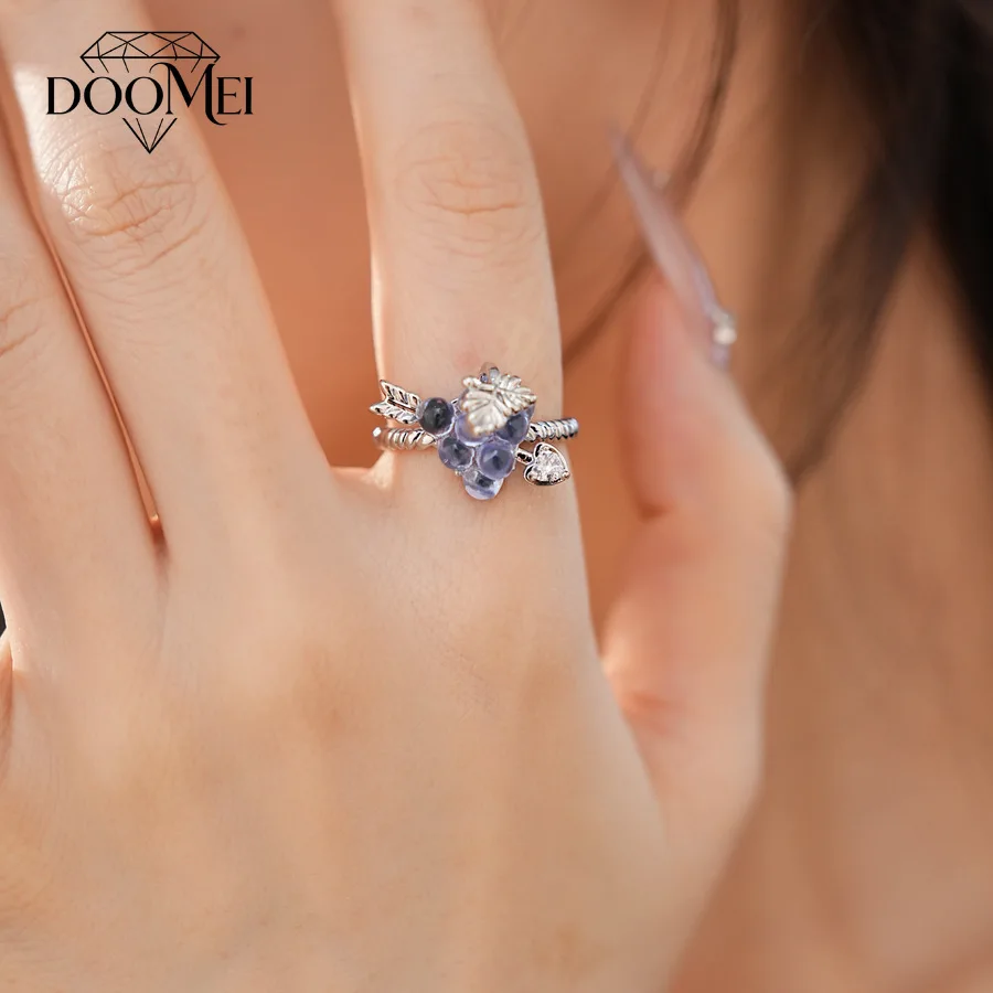 DOO MEI Cute Blue Grape Shape Open Ring Versatile Zircon Index Finger Ring Fashion Trend Worn By Women for Daily Gatherings