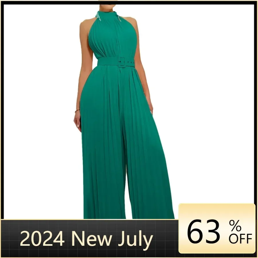 

African Clothes for Women Summer 2024 Elegant Africa Sleeveless Polyester Long Jumpsuit Outfits Dashiki Africa Clothing And Belt