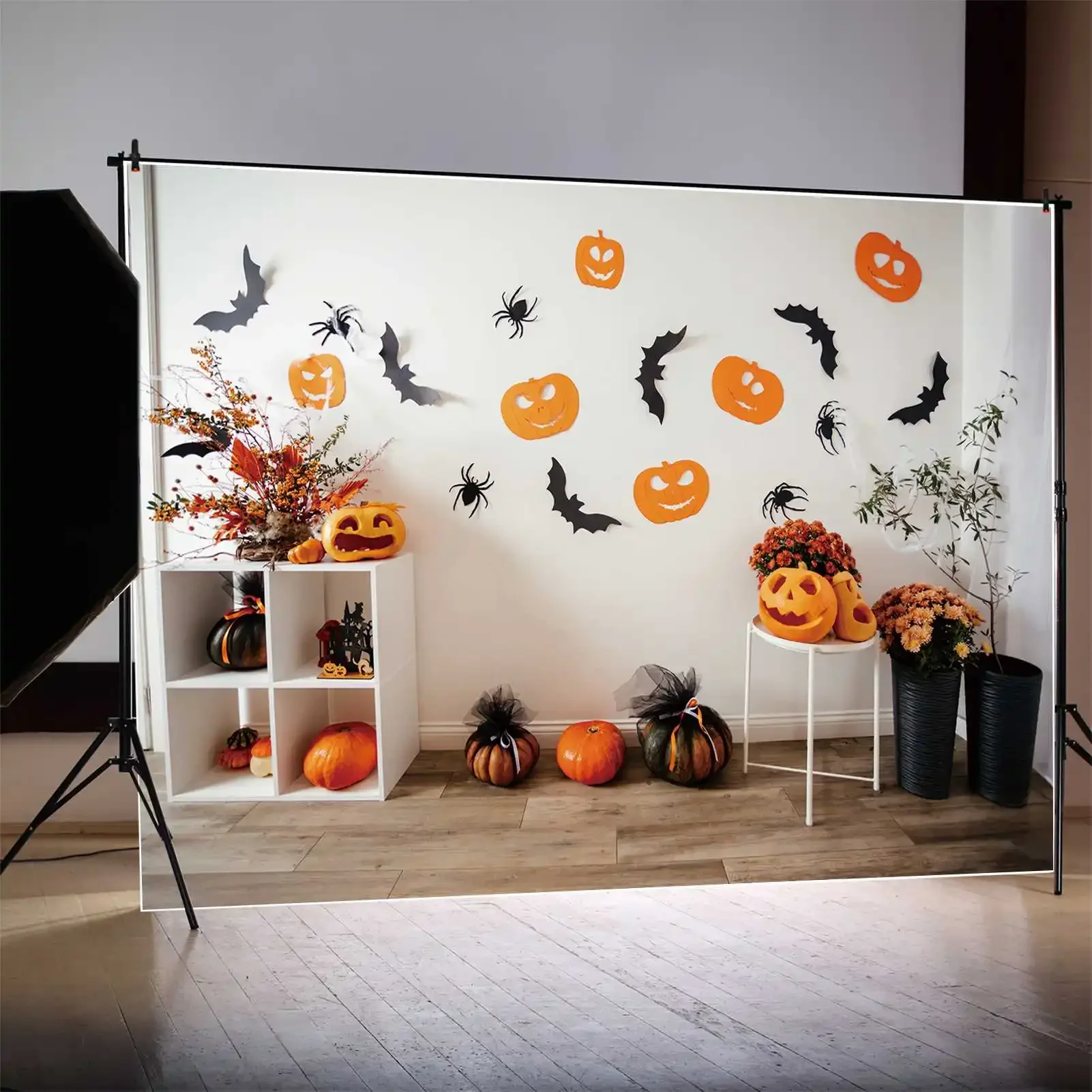 MOON.QG Backdrop White Living Room Wall Halloween Decoration Photo Background Children Cupboard Flower Pumpkin Bat Spider Booth