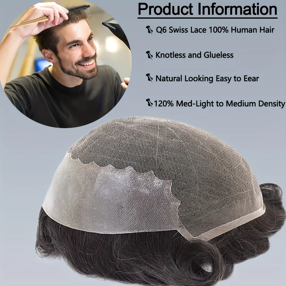 غير مرئية Q6 تنفس السويسري الدانتيل قاعدة الرجال الشعر المستعار شعري طبيعي باروكة من شعر طبيعي 7x9 تنفس السويسري الدانتيل الشعر المستعار للذكور #6