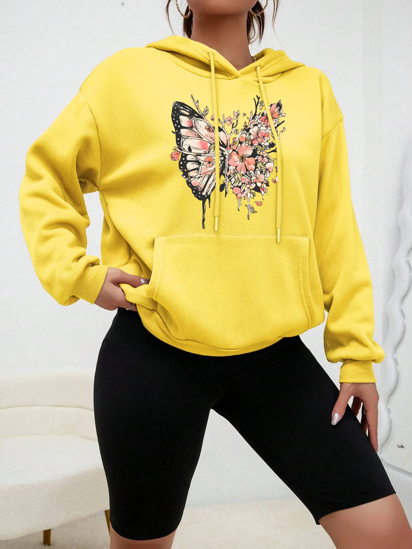 Half Butterfly Other Flower Prints Hoody Women Personality Cartoons Hoodie Fashion Fleece Pullovers Hip Hop Warm Clothes  Female