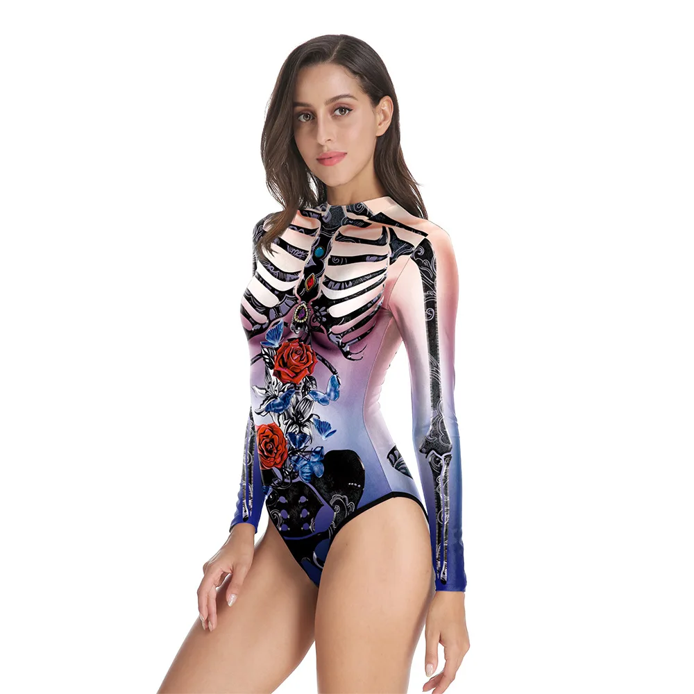 Iootiany Flower Skull Print Women's Bodysuit Summer Role Play Sexy Skeleton Jumpsuit Shorts Set Beachwear Bodycon Swimwear 2025