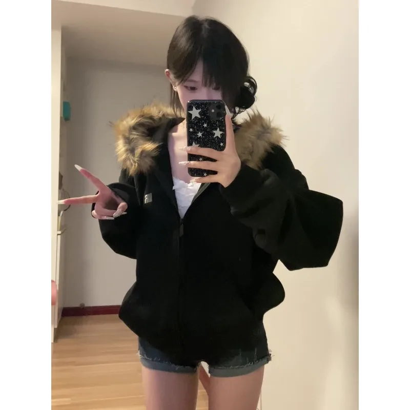American Vintage Harajuku Letter Print Hoodeds Autumn Winter New Street Ins Style Black Coat Oversized Women's Casual Outwear
