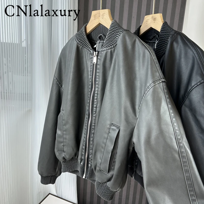 CNlalaxury Streetwear Bomber Jackets Womens Vintage Short Cropped Faux Leather Jacket Women High Neck PU Leaher Coats