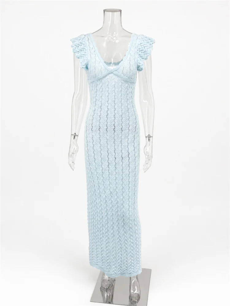 Tossy Ruffled Hollow Out Knit Long Dress Women V-Neck Fashion Patchwork See-Through Beach Holiday Dress Knitwear Female Dress view 3