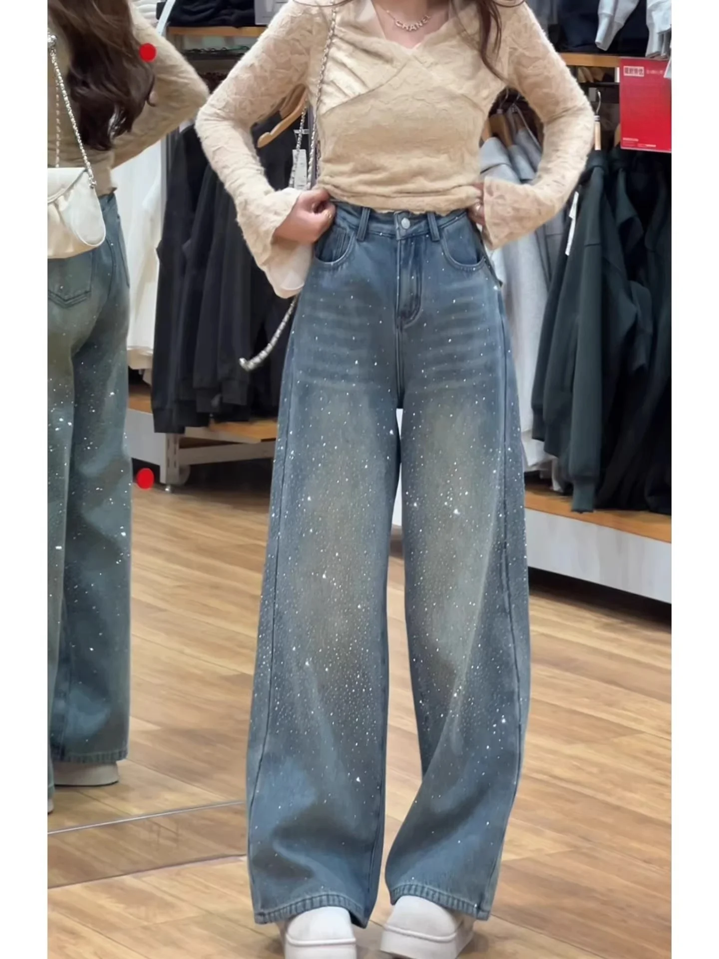 Heavy Duty High Waist Women's Jeans Sequin Straight Leg Casual Commute Style Winter Season Blue Denim Non-Stretch Fit