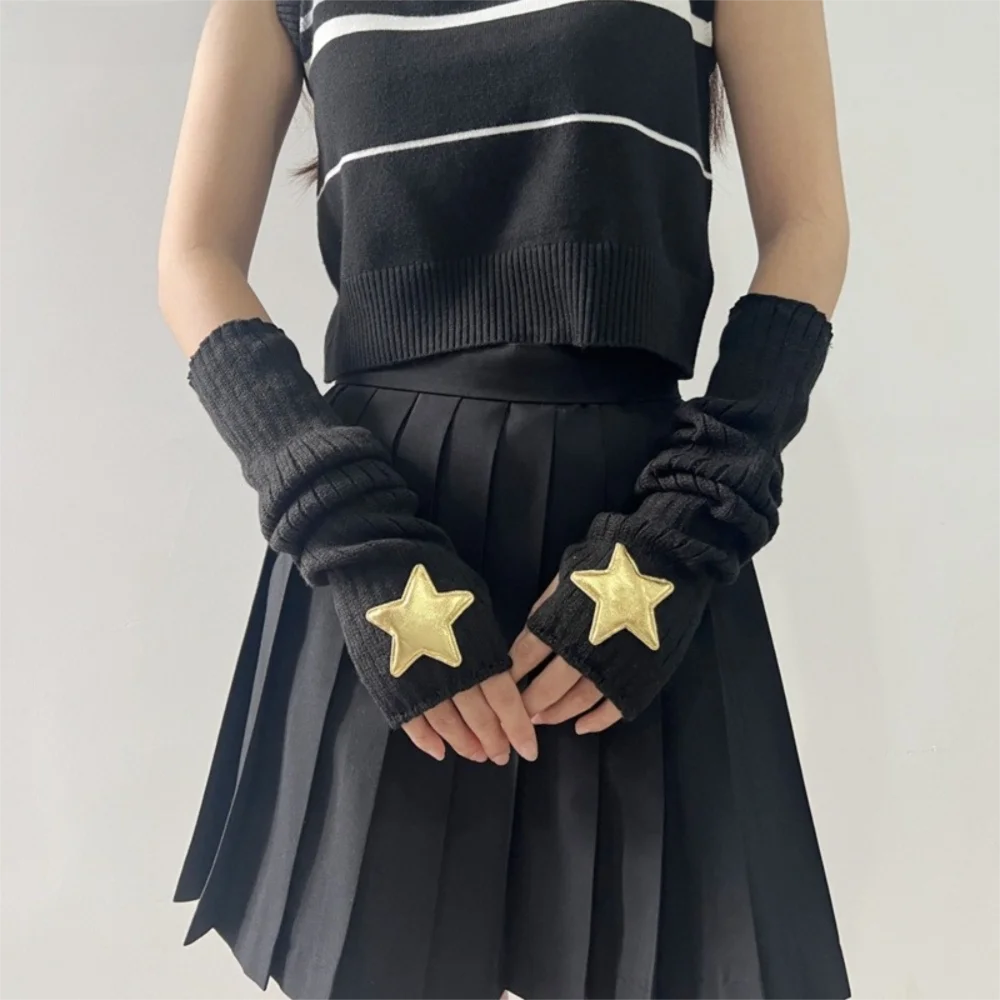

Fashion Long Arm Warmer Gloves Cold Proof with Pentagram Patch Warm Arm Sleeve Knitted Fingerless Gloves Women