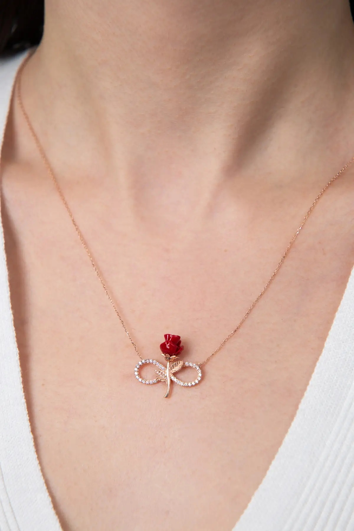 Women's Red Rose Infinity Model 925 Sterling Silver Necklace