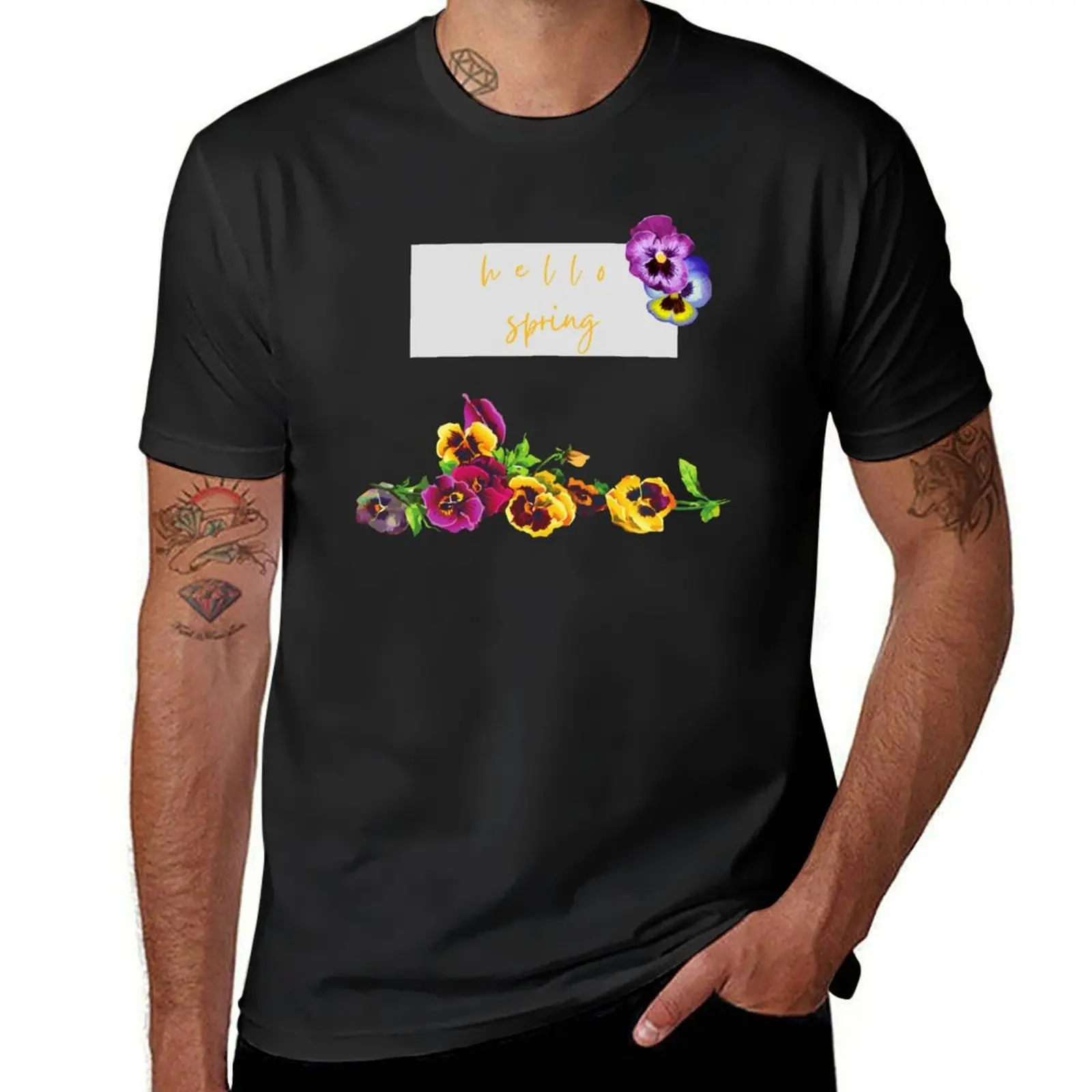 Pansy flowers garland : hello spring illustration T-Shirt customs funnys plain black t shirts men