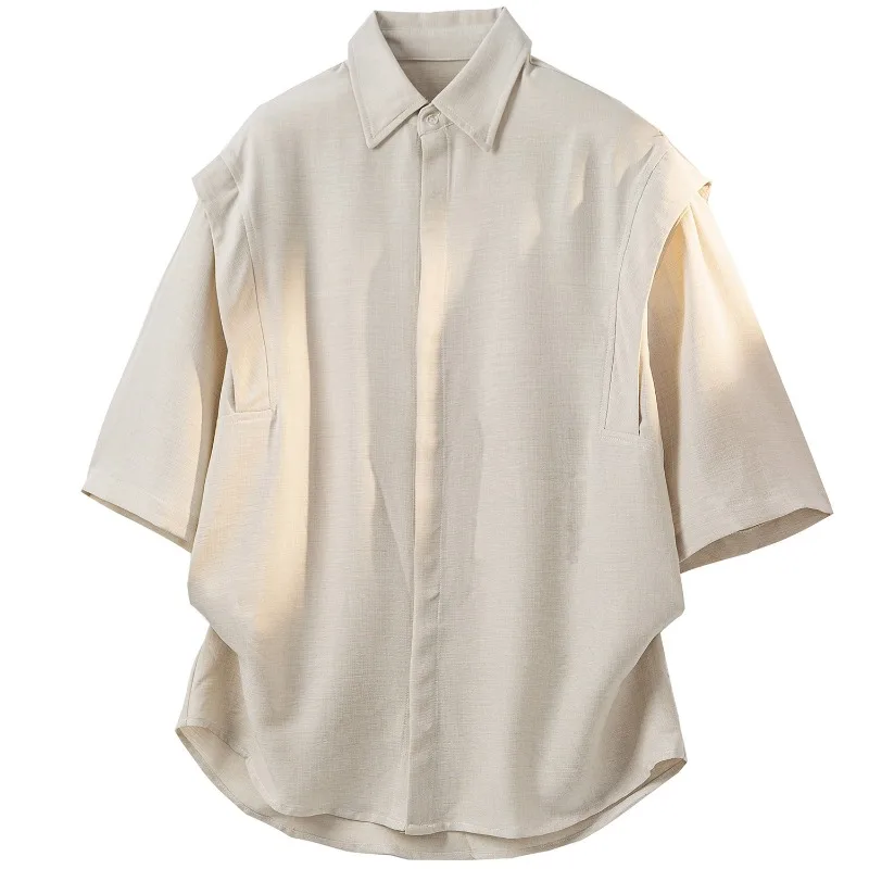 Men Linen Blend Fake Two Piece Shirt Casual Loose Short Sleeve Blouse