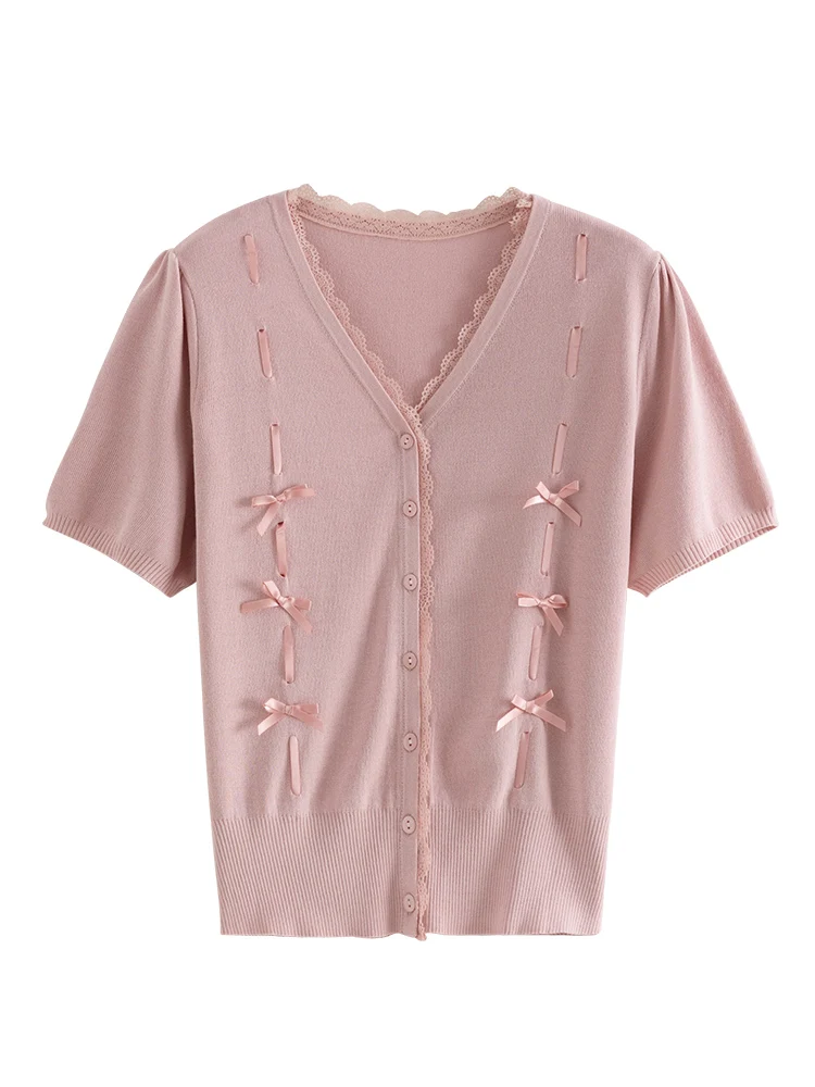 DUSHU【3 Colors】Women Summer Thin Knitted Cardigans Lace Decoration V-Neck Female Single Breasted Knit Pink Tops 24DS82574