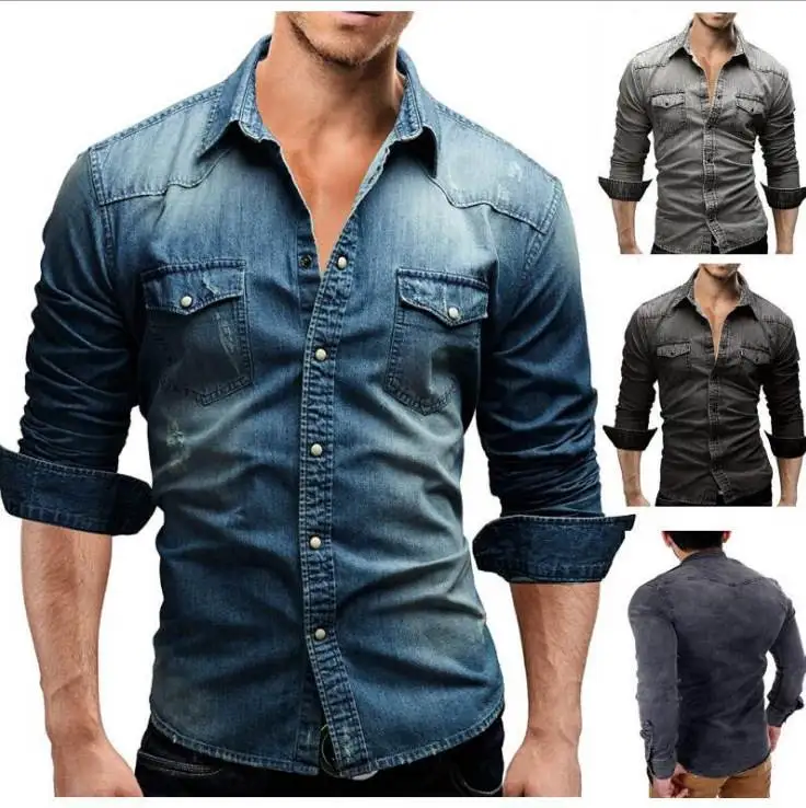 

Men's Autumn Long Sleeve Cowboy Shirt Casual Jeans Blouse Standard Fit Youth Trend Pure Color Thin Model Other Occasions
