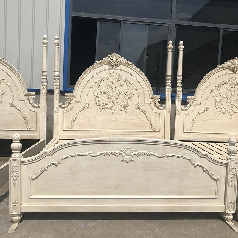 French style retro old carved high column 1.8 meters master bedroom bed ivory white American antique 1.5 meters princess